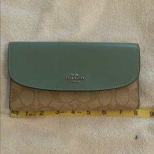 Coach Tan and Green Wallet with Slim Clutch Design